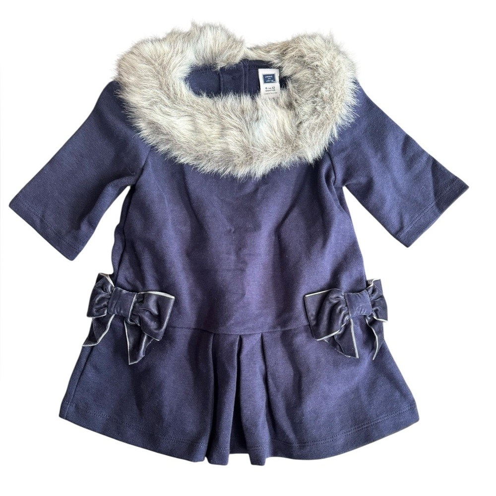 Janie and Jack Faux Fur‎ Collar Ponte Navy Dress Girl’s Size 6-12 Months Holiday